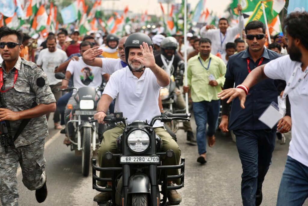 Rahul Gandhi rides bike in Bihar Yatra